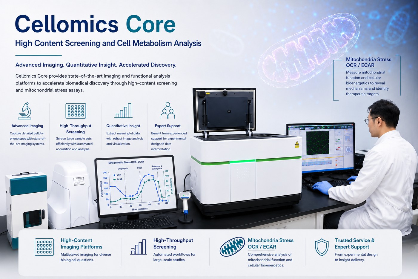 Cellomics Core — High Content Screening and cell metabolism analysis infographic banner