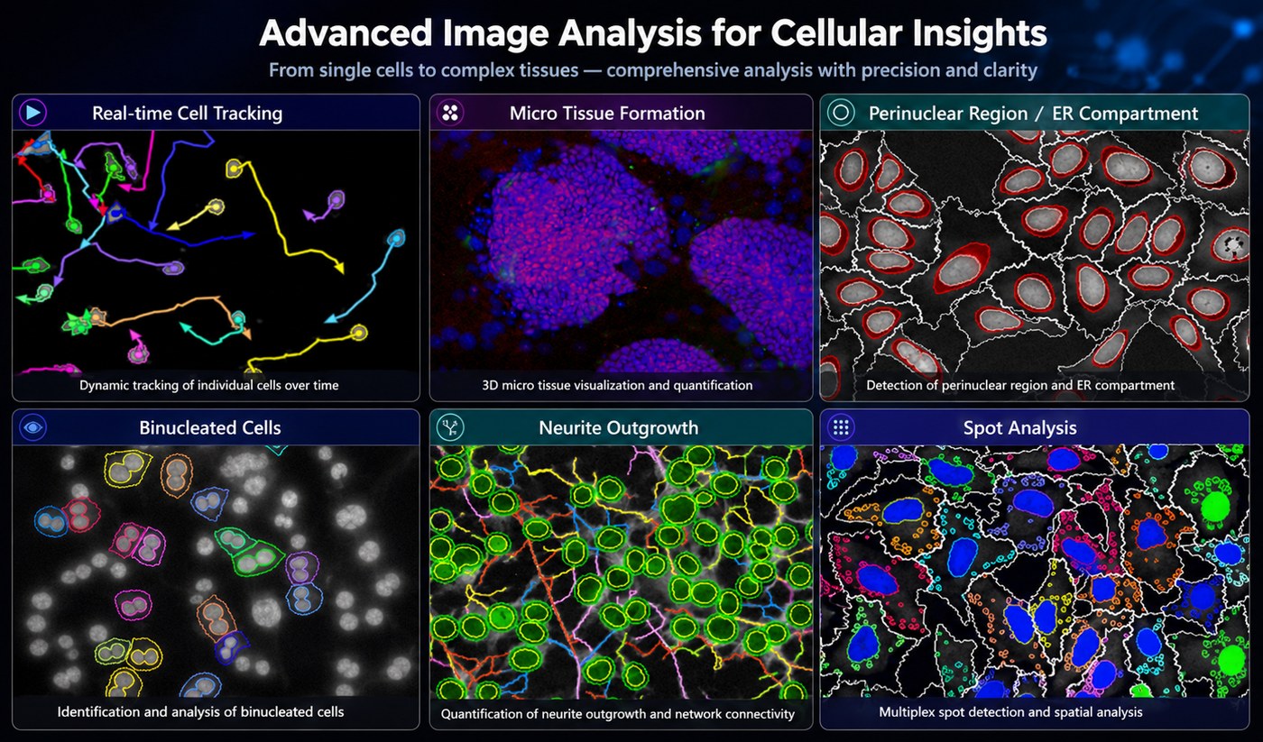 Cell image analysis examples — multiple panels including real-time cell tracking, microtissue formation, and neurite outgrowth