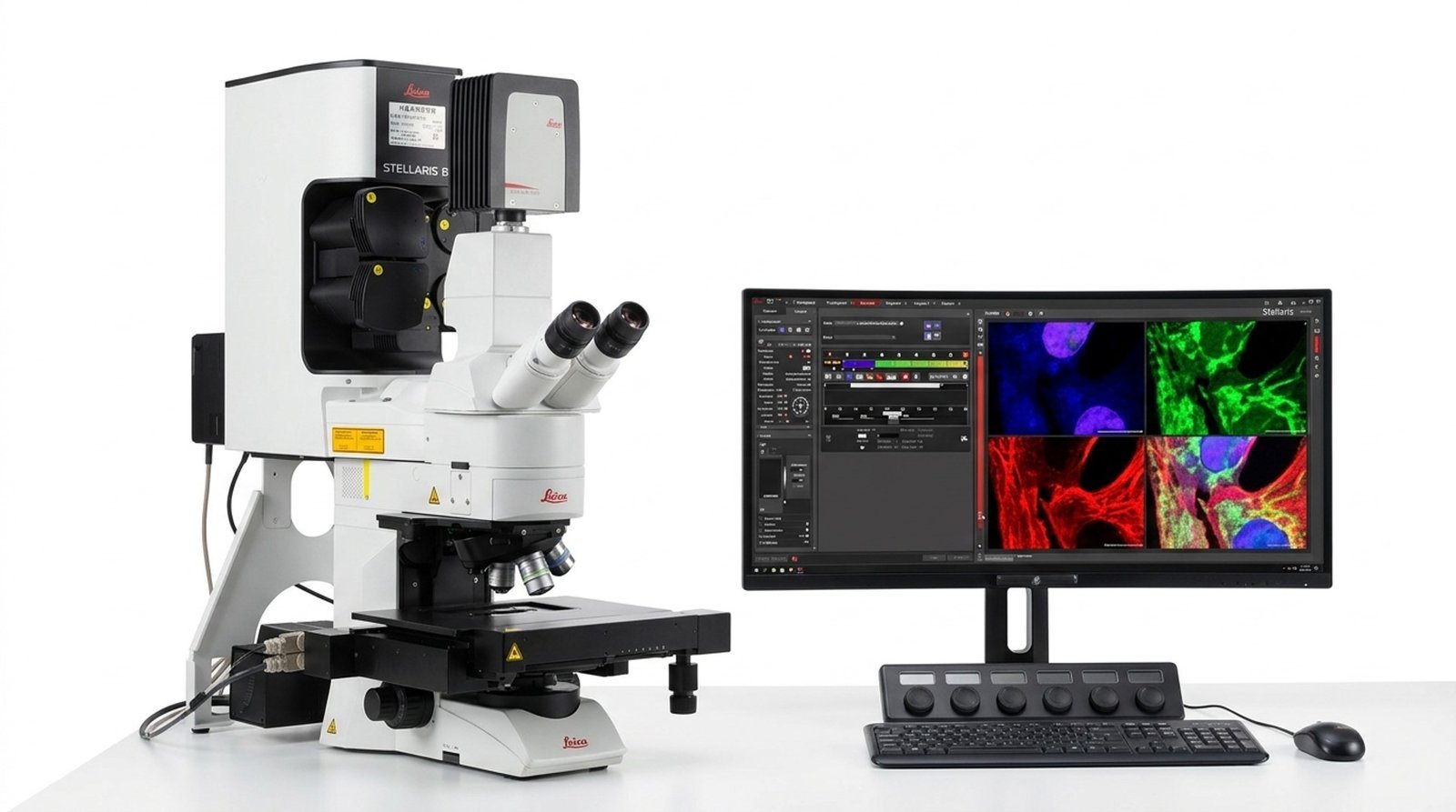 STELLARIS 8 upright confocal microscope with a monitor showing 4-channel fluorescence microstructure
