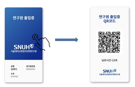 Guide to activating the mobile researcher access pass QR code. Tap on the pass screen to display the QR code.