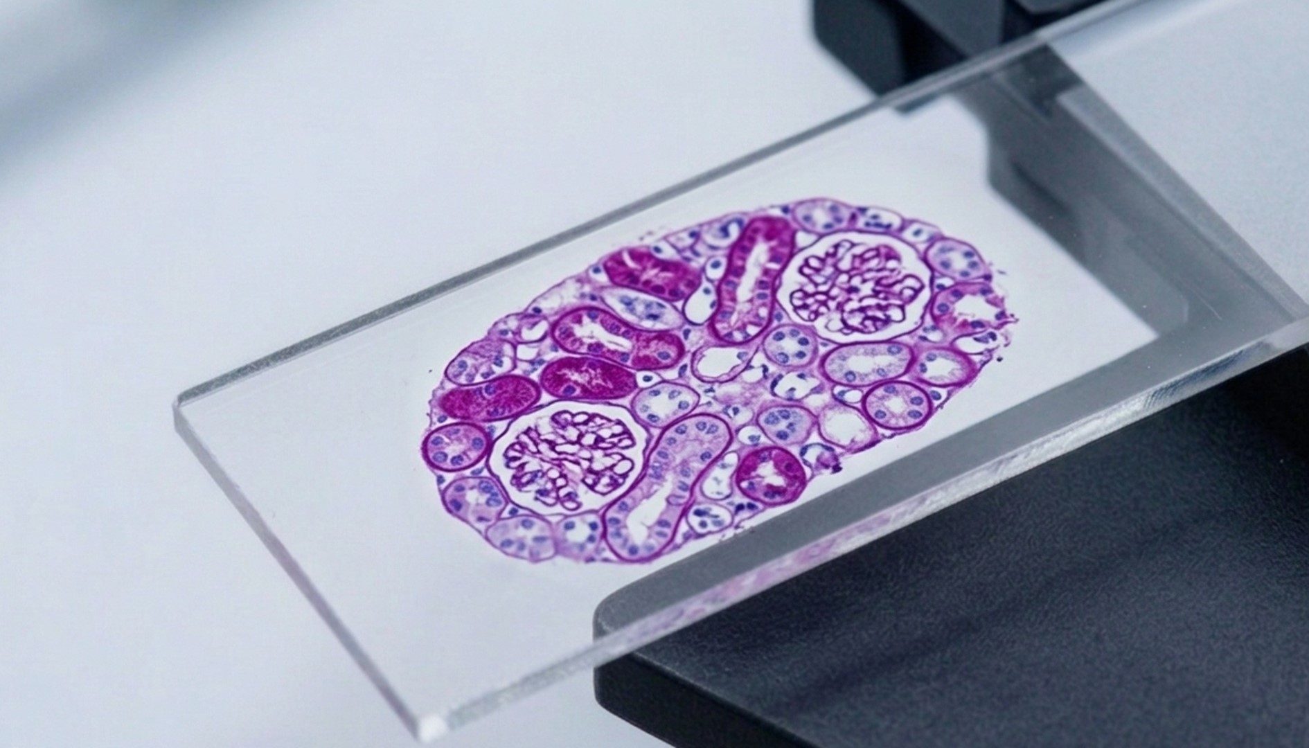 Pathology Laboratory - a stained tissue section on a microscope slide