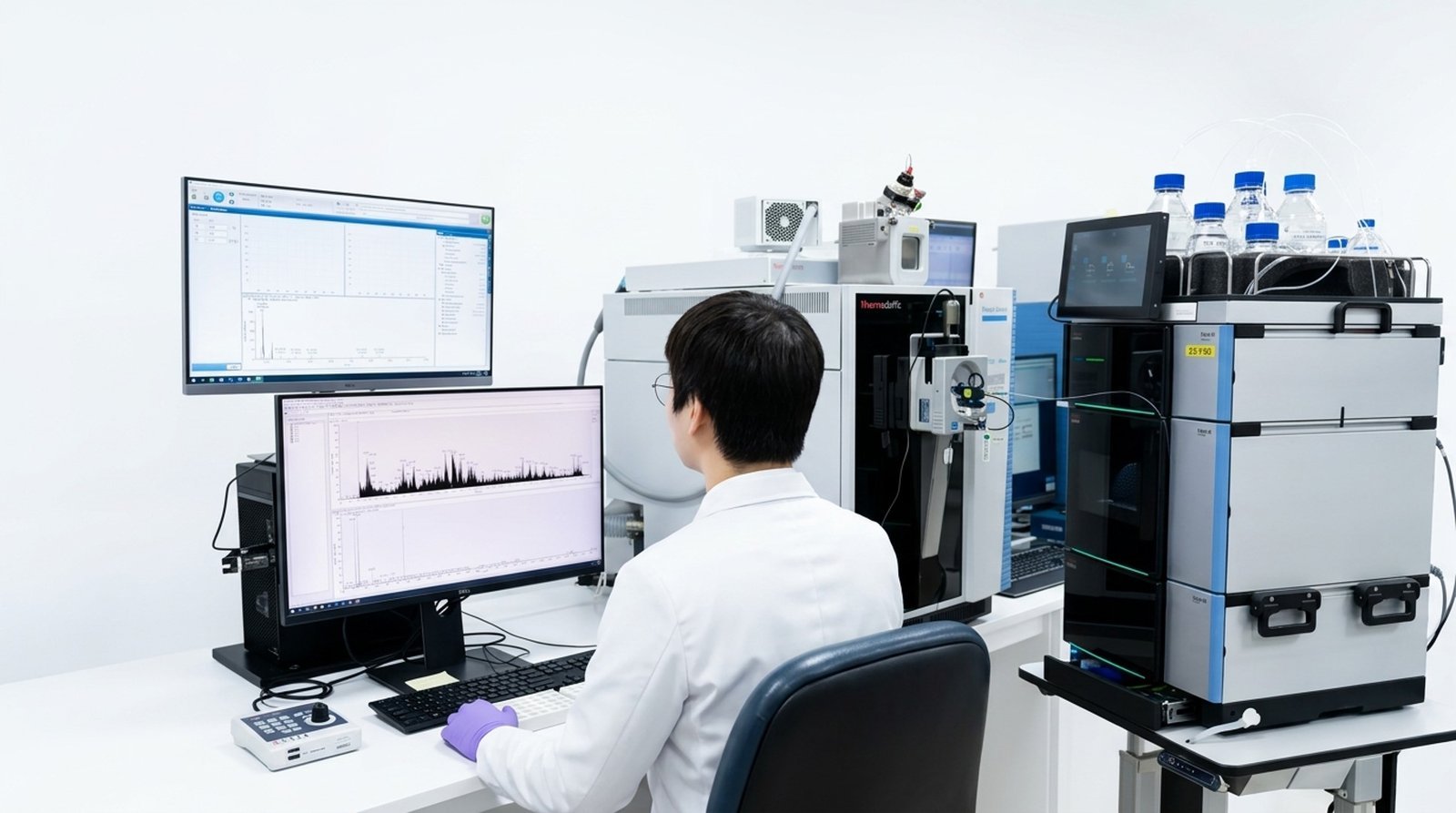 A researcher operating proteomic analysis spectra on an LC-MS/MS monitor