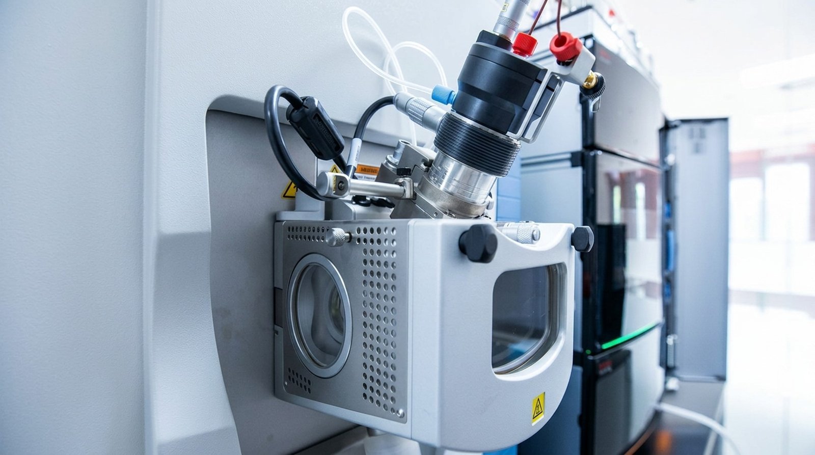 Close-up of the ion source module of an Orbitrap-class mass spectrometer