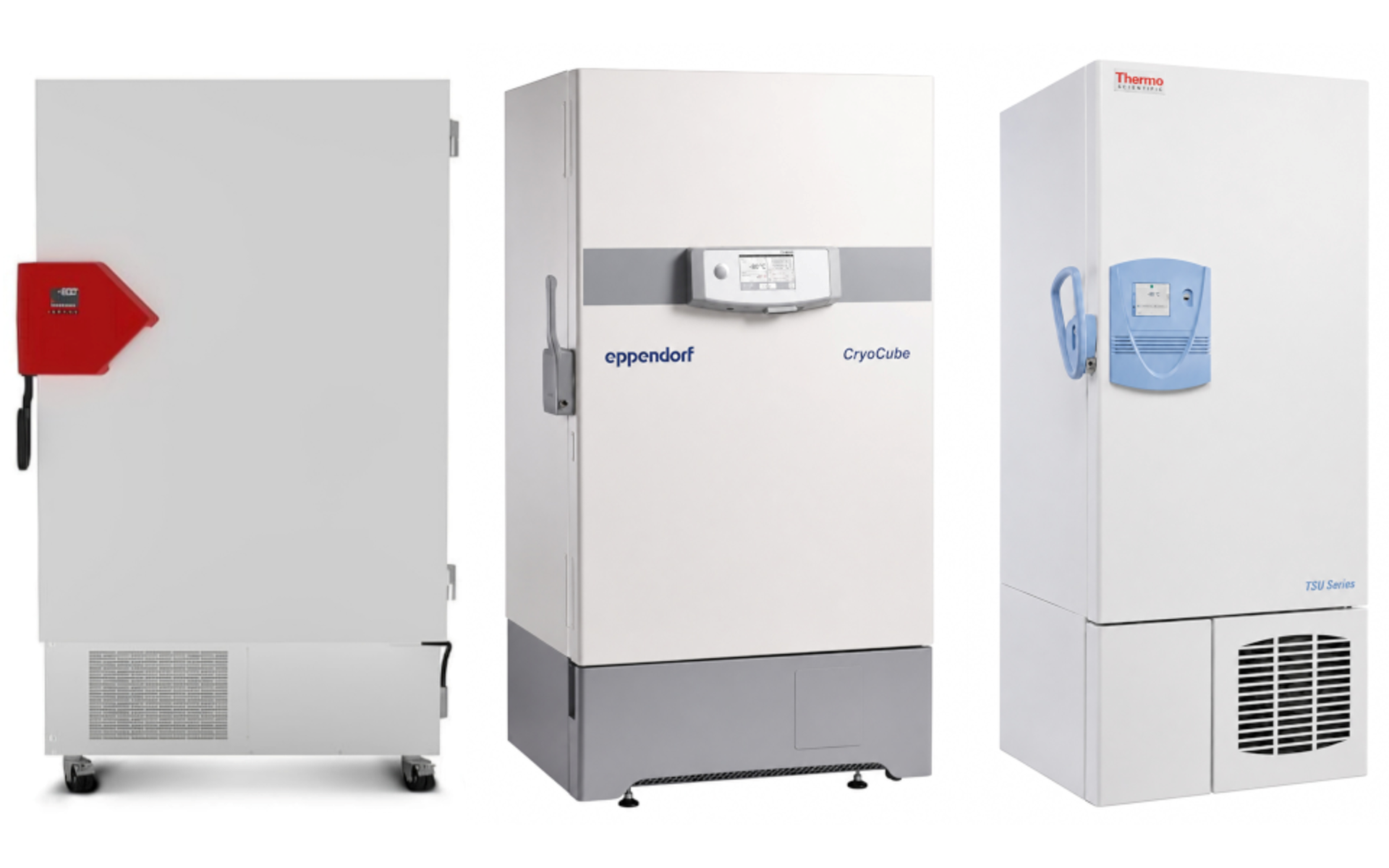 Ultra-low temperature freezers — -80℃ storage equipment such as Binder UFV, Eppendorf CryoCube, and Thermo TSU