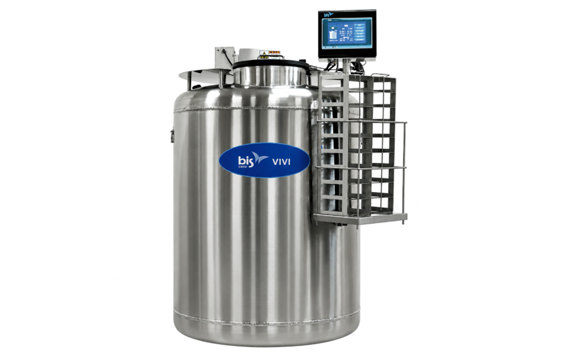Liquid nitrogen freezer Bis VIVI-45T — a large LN2 tank with a monitoring LCD and a rotating access gate
